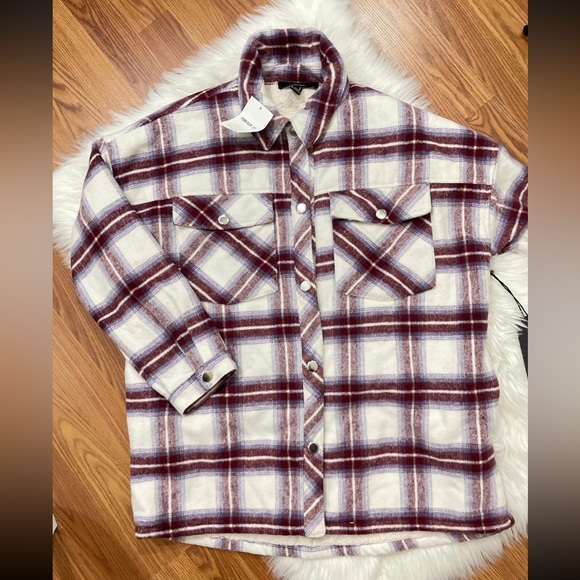 Forever 21 Women's Outerwear Plaid Shacket Jacket Cream/Multi NEW - Picture 2 of 7